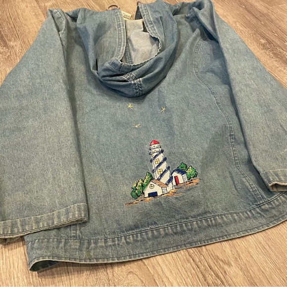 Vintage Quacker Factory Denim Full Zip Hooded Embroidered Lighthouse Top Large - Picture 5 of 8